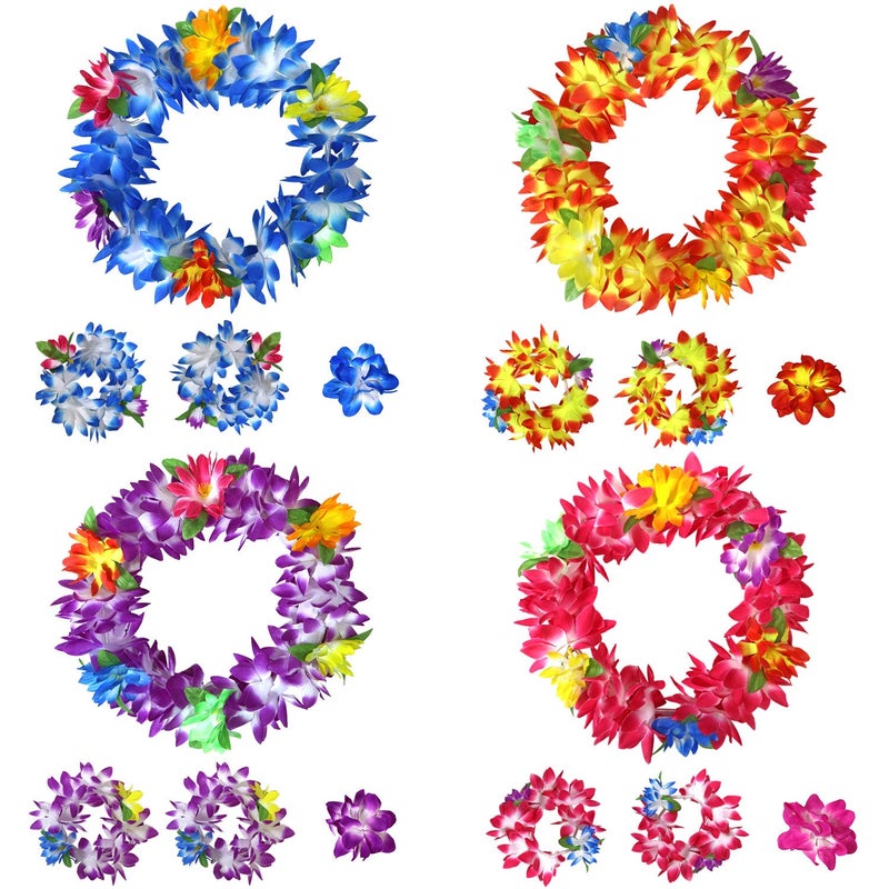 16 Piece Set Hawaiian Flower Leis Headband Bracelet and Hair Clips for Luau Party Favors Decoration Supplies