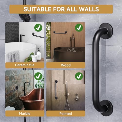 AmazerBath Shower Grab Bars for Seniors Anti Slip, Bath Safety Grab Bar for Needy, Stainless Steel Bathroom Safety Grab Bars, Thickened Bar Bigger Base Holds 500LBS, 16" L x 1.25" D, Black - Image 5