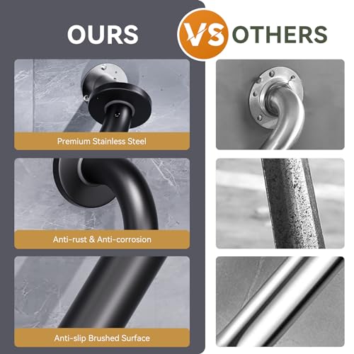 AmazerBath Shower Grab Bars for Seniors Anti Slip, Bath Safety Grab Bar for Needy, Stainless Steel Bathroom Safety Grab Bars, Thickened Bar Bigger Base Holds 500LBS, 16" L x 1.25" D, Black - Image 3
