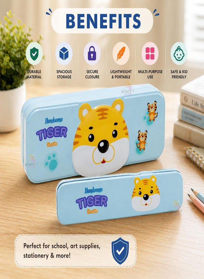 ويش كي علبة أقلام رصاص معدنية مزدوجة الطبقات بتصميم نمر من WISHKEY، منظم أدوات مكتبية تعليمي متعدد الأغراض للأطفال، علبة أقلام مطبوعة عليها رسومات حيوانات لطيفة وعصرية للأولاد (عبوة من قطعة واحدة، أزرق) - Image 2
