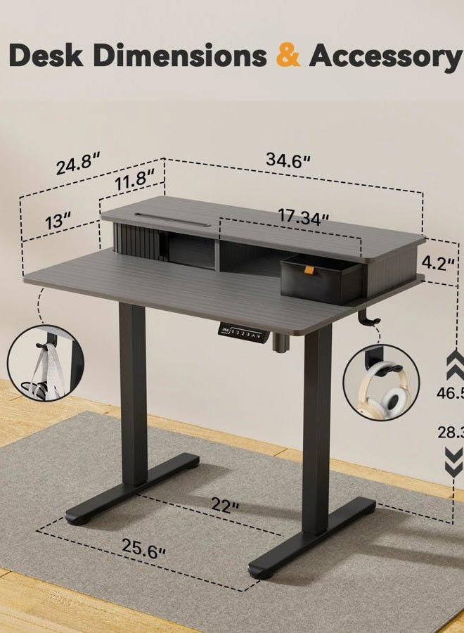 JOY worker Small Electric Standing Desk, 35" x 25" Height Adjustable Desk with Built-in Monitor Stand & Storage Drawer, Sit Stand Desk with 2 Hooks for Home Office, Rustic Brown - Image 2