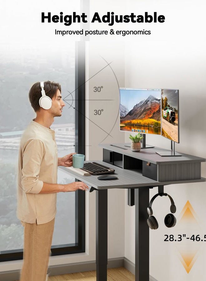 JOY worker Small Electric Standing Desk, 35" x 25" Height Adjustable Desk with Built-in Monitor Stand & Storage Drawer, Sit Stand Desk with 2 Hooks for Home Office, Rustic Brown - Image 3