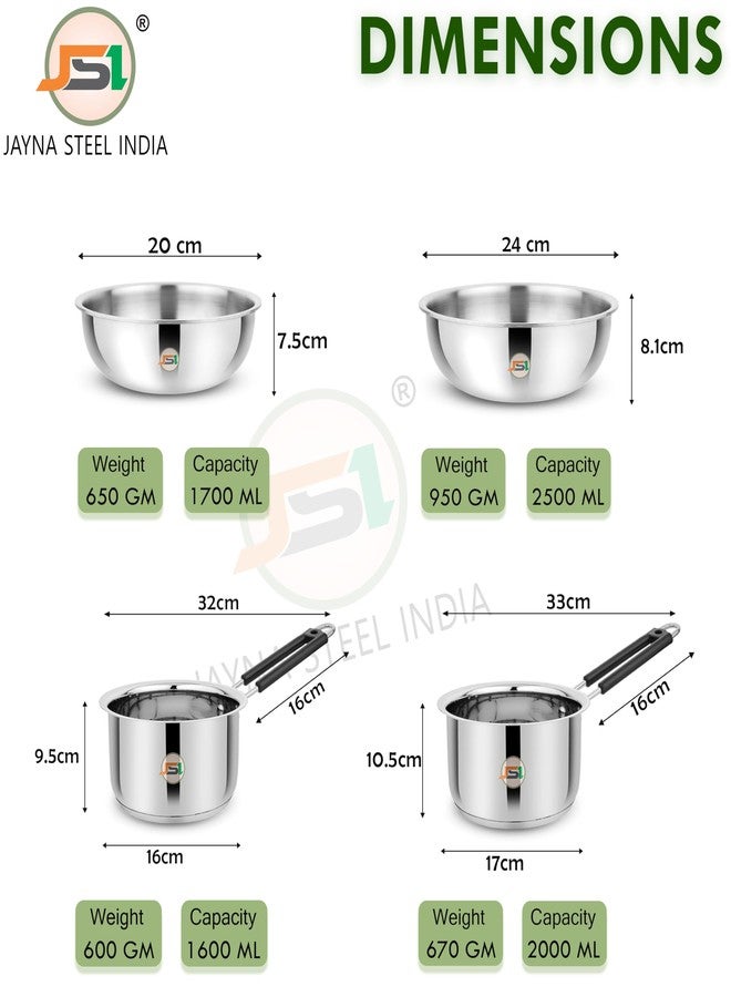 JSI Stainless Steel Cooking Set for Kitchen - 4 Pcs Cookware: Tasla 20cm-24cm & Saucepan 17cm-18cm, Heavy Guage Induction Base Cookware Set Comes with Tri-Ply Sandwich Bottom - Image 5