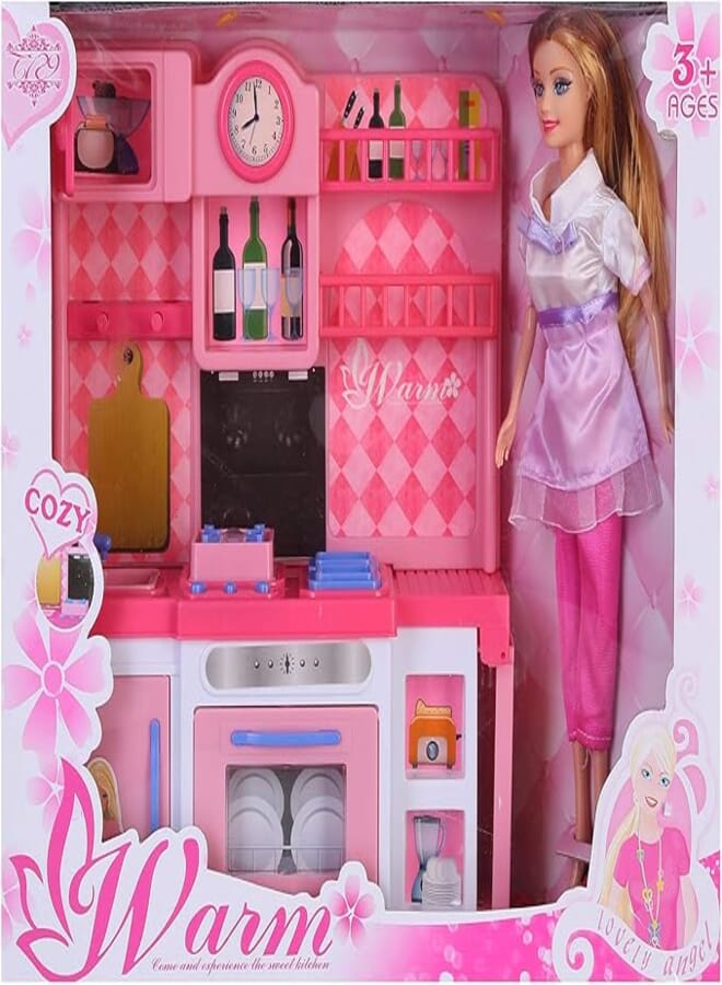 Warm kitchen set with doll for girls