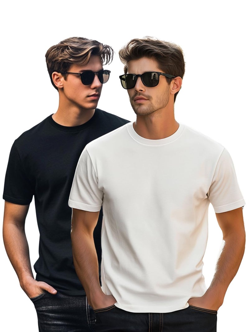 Veirdo® White & Black Regular Fit Half Sleeves Round Neck Solid Pure Cotton T-Shirt for Men (PO2_TSH_99_WT_BK_M) - Image 1