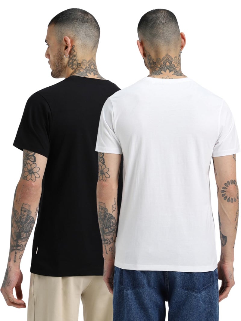 Veirdo® White & Black Regular Fit Half Sleeves Round Neck Solid Pure Cotton T-Shirt for Men (PO2_TSH_99_WT_BK_M) - Image 2