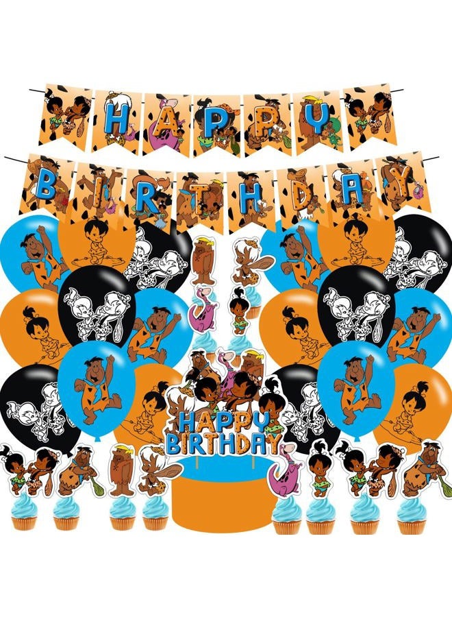 PINUO African American Birthday Party Supplies - Pebbles & Bam Bam Theme with Cake Caps, Cupcake Caps, Flags, Latex Balloons - Image 1