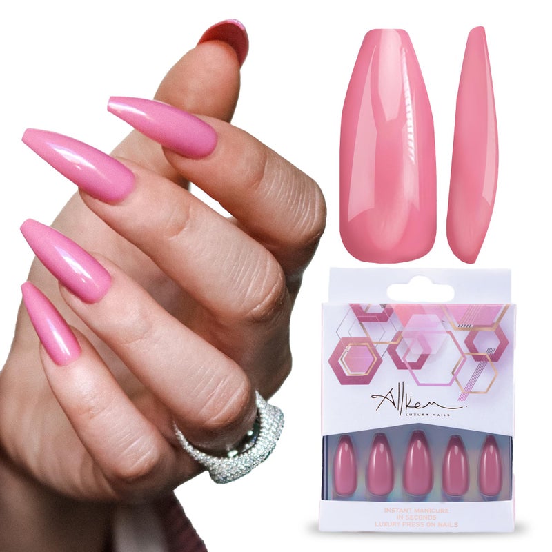 Allkem Mauve Press on Nails Glossy Long coffin 10 sizes 20 pcs Ballerina Nail kit with Glue