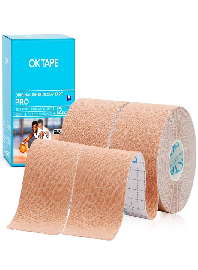 اوك تيب شريط الحركة OK TAPE PRO، 2 بوصة × لفة طويلة 16 قدمًا، شريط حر القطع، شريط رياضي مرن علاجي خالٍ من اللاتكس، 2 لفة بيج + بيج - Image 1