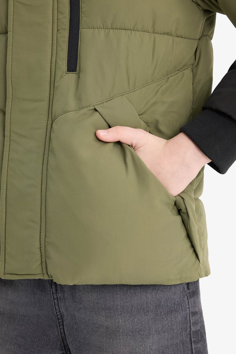 DeFacto Green Boy Boy Hooded Zippered Waterproof Puffer Jacket Casual - Image 5