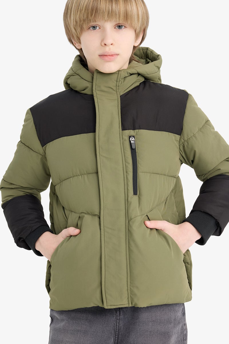 DeFacto Green Boy Boy Hooded Zippered Waterproof Puffer Jacket Casual - Image 1