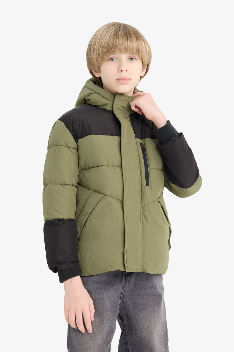 DeFacto Green Boy Boy Hooded Zippered Waterproof Puffer Jacket Casual - Image 4