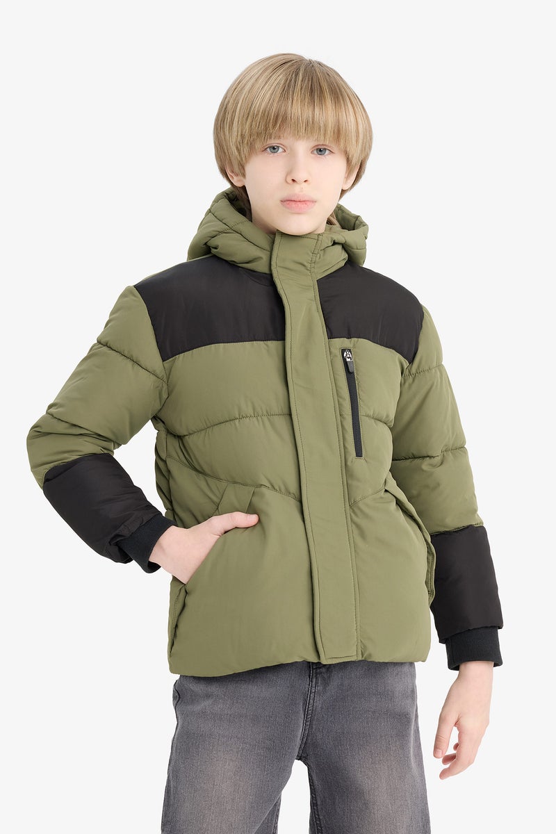 DeFacto Green Boy Boy Hooded Zippered Waterproof Puffer Jacket Casual - Image 3