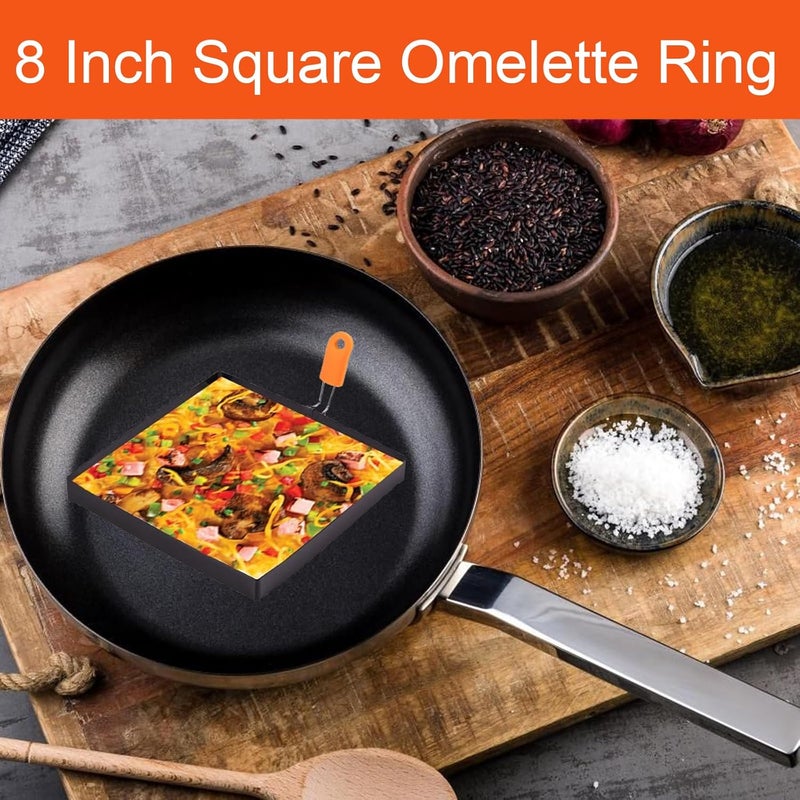 WOWITIS 2 Packs Large 8 Inch Square Omelette Ring for Griddle, Non-Stick Stainless Steel 8"Griddle Omelet Rings,Rectangular Egg Ring Pancake Ring Egg Mold Silicone Handle with Egg Separator & Oil Brush - Image 5