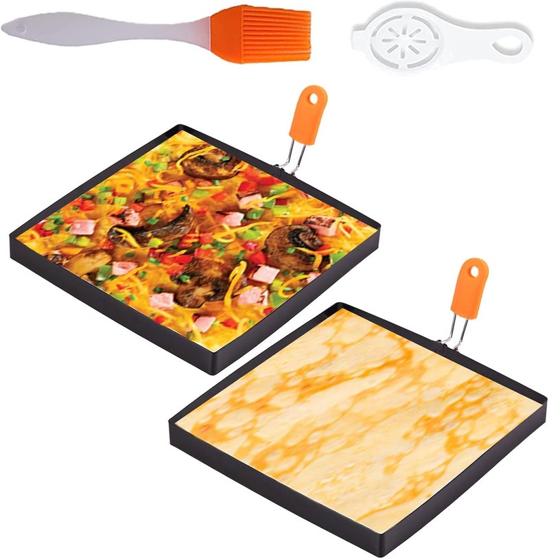 WOWITIS 2 Packs Large 8 Inch Square Omelette Ring for Griddle, Non-Stick Stainless Steel 8"Griddle Omelet Rings,Rectangular Egg Ring Pancake Ring Egg Mold Silicone Handle with Egg Separator & Oil Brush - Image 1