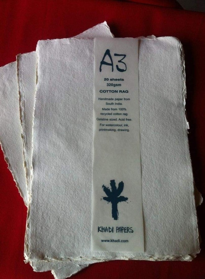 كادي ورق ألوان مائية مصنوع يدويًا من خادي، ١٠٠٪ قطن، ٣٢٠ جرامًا للمتر المربع: خشن: عبوة من ٢٠ ورقة، مقاس A3 - Image 3