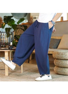 Loose Cotton Linen Mens Casual Pants Spring Summer Wide Leg Harlan Long Trousers Comfortable Breathable Straight Cut Trousers 3 navy blue