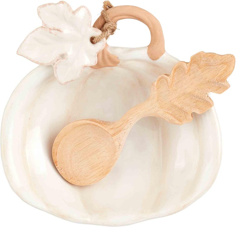 MudPie Pumpkin Tidbit Dish, White; dish 4 3/4" x 5 3/4" | spoon 5" - Image 1