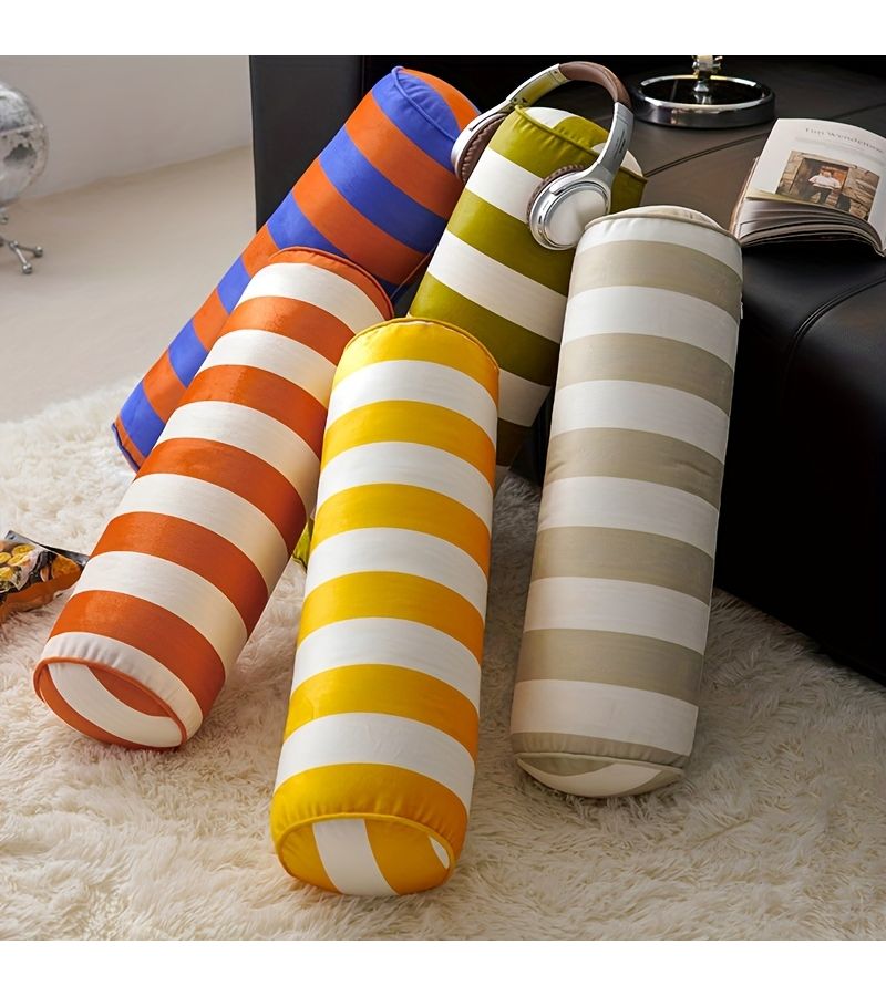 Yellow And White Striped Velvet Cylindrical Pillow Side Sleeping Leg Pillow Long Bolster Sofa Lumbar Cushion With Removable Washable Cover - Image 2