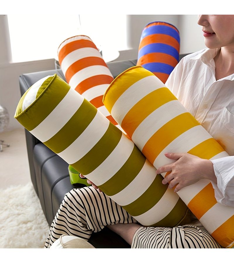 Yellow And White Striped Velvet Cylindrical Pillow Side Sleeping Leg Pillow Long Bolster Sofa Lumbar Cushion With Removable Washable Cover - Image 5