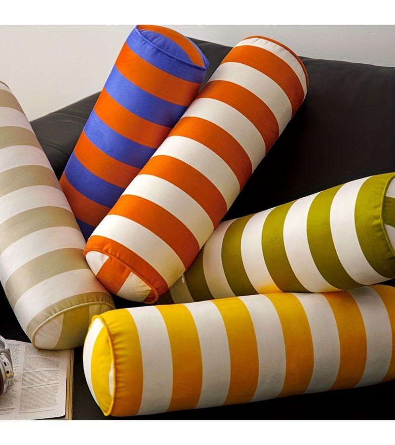 Yellow And White Striped Velvet Cylindrical Pillow Side Sleeping Leg Pillow Long Bolster Sofa Lumbar Cushion With Removable Washable Cover - Image 1