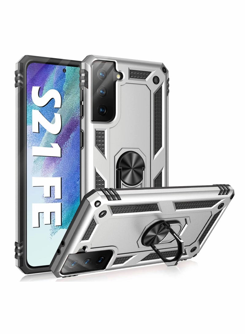 SYOSI Case for Galaxy S21 Fe 5G Protector Heavy Duty with Magnetic Ring Kickstand Anti-Fall Shockproof Bumper Cover FE Men Women Sliver - Image 2