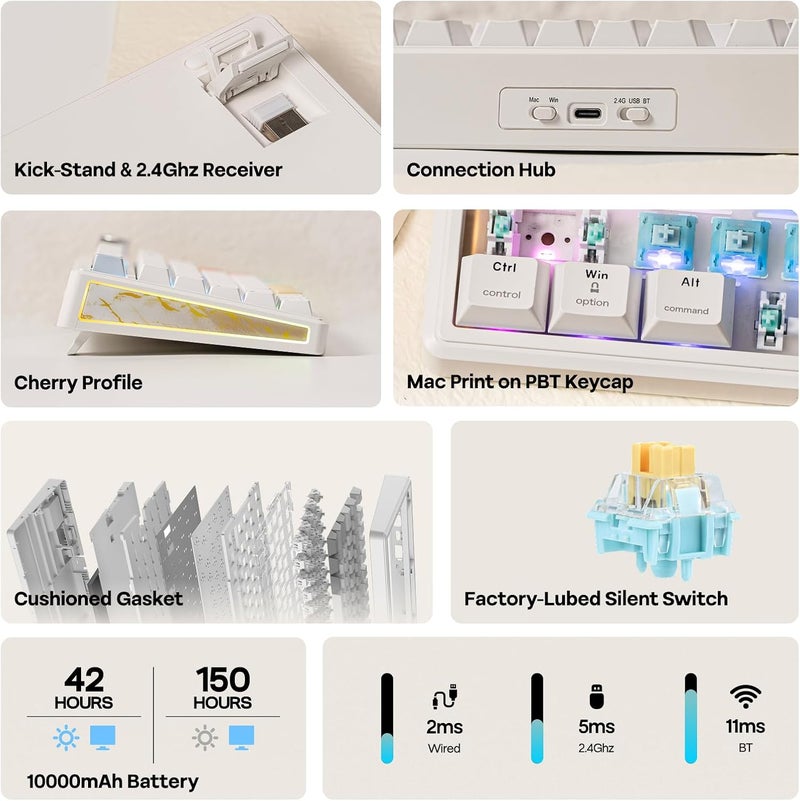 EPOMAKER TH80 V2 PRO Wireless Mechanical Keyboard, Screen & Knob, 10000mAh & 2.4G/BT, Hot-Swap, PBT Keycap, Mac Modifier, RGB, Creamy Gasket, Custom Gaming Keyboard for Mac/PC (White, Sea Salt Silent) - Image 2
