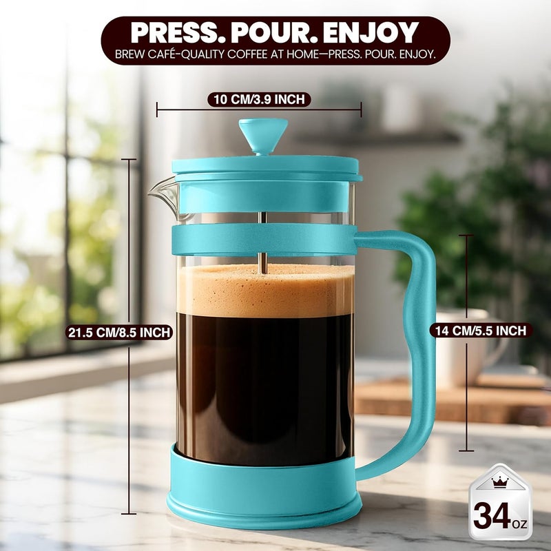 Utopia Kitchen French Press Espresso and Tea Maker with Triple Filters, Stainless Steel Plunger and Heat Resistant Borosilicate Glass (Aqua, 34-oz (Pack of 1)) - Image 2