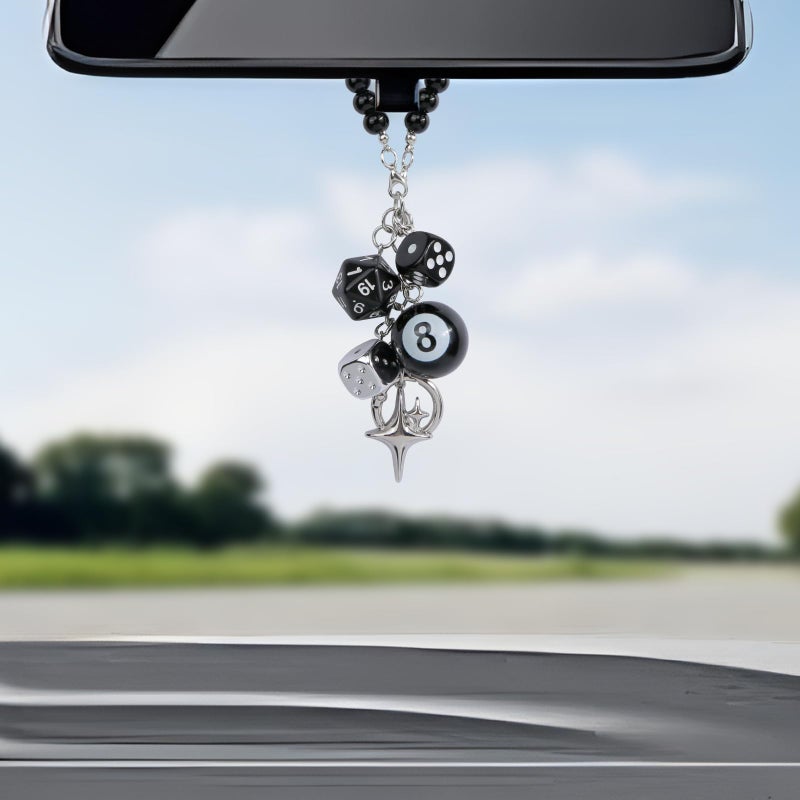 YGMONER 8 Ball Dice for Car Mirror, Y2K Aesthetic Lucky Charm Car Rear View Mirror Hanging Accessories, Black Interior Decor Truck Hanger Ornament for Women Men (Short Chain) - Image 2