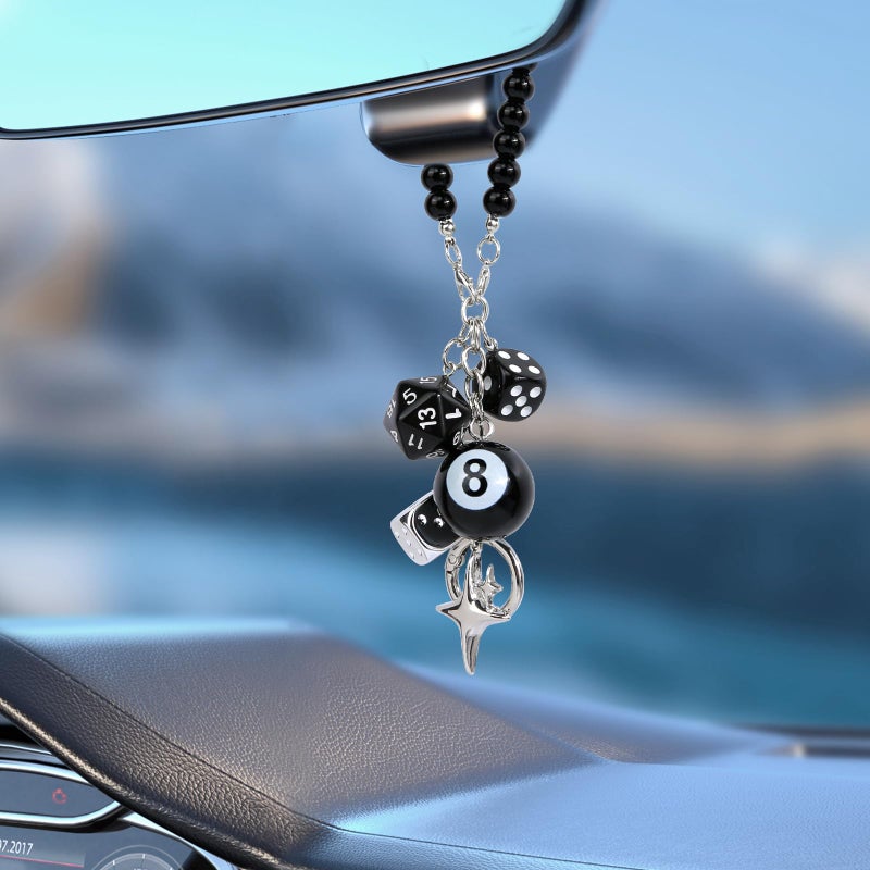 YGMONER 8 Ball Dice for Car Mirror, Y2K Aesthetic Lucky Charm Car Rear View Mirror Hanging Accessories, Black Interior Decor Truck Hanger Ornament for Women Men (Short Chain) - Image 3