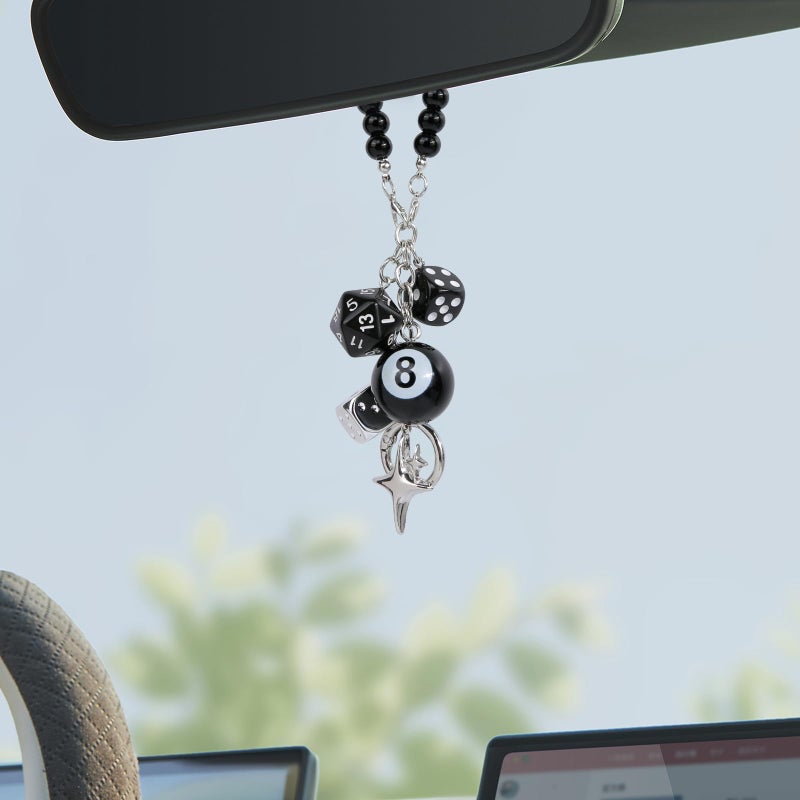 YGMONER 8 Ball Dice for Car Mirror, Y2K Aesthetic Lucky Charm Car Rear View Mirror Hanging Accessories, Black Interior Decor Truck Hanger Ornament for Women Men (Short Chain) - Image 1