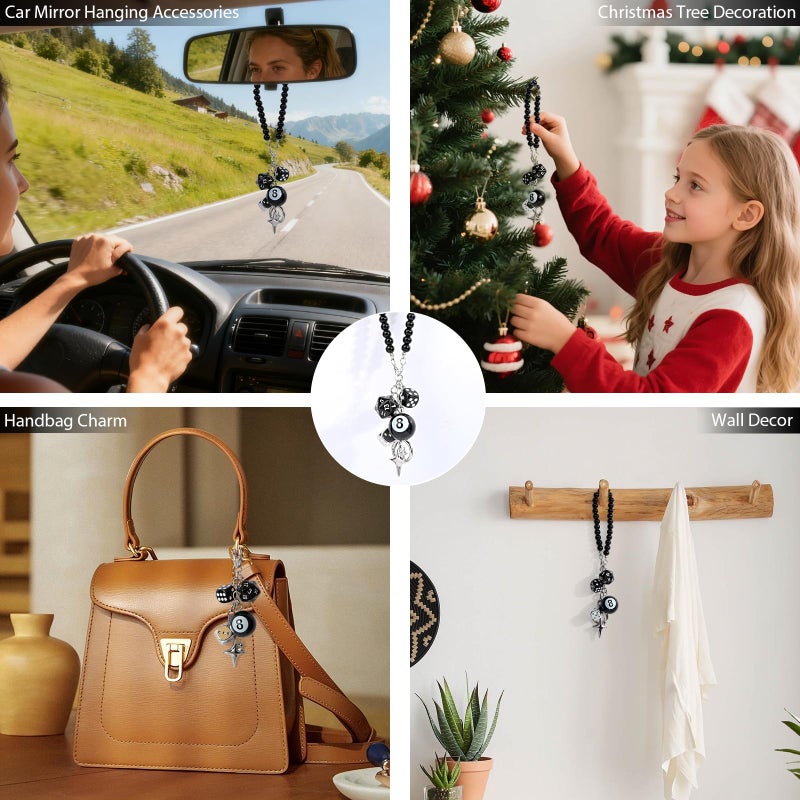 YGMONER 8 Ball Dice for Car Mirror, Y2K Aesthetic Lucky Charm Car Rear View Mirror Hanging Accessories, Black Interior Decor Truck Hanger Ornament for Women Men (Short Chain) - Image 5