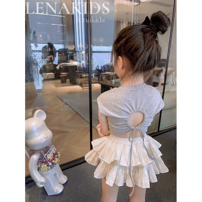 Female Babys Korean Style Fashionable Solid Color Cake Skirt suit Big Kids Summer New Stylish Backless Top Two-piece Set Gray top + white skirt