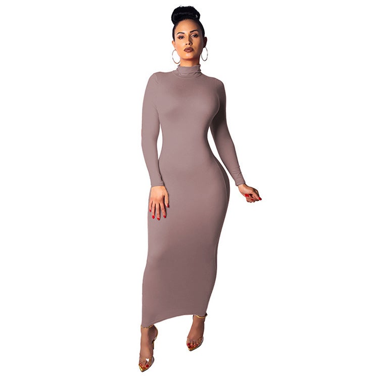 Cross-border autumn and winter new plus size women's 2025 foreign trade casual slim dress Europe and the United States long sleeve high collar dress - Image 1