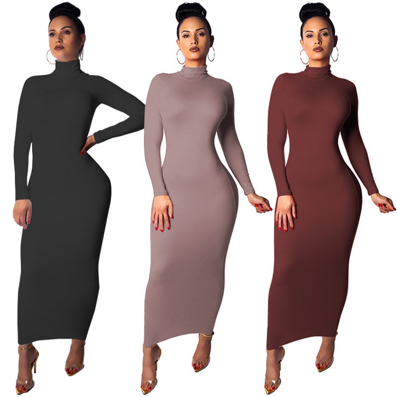 Cross-border autumn and winter new plus size women's 2025 foreign trade casual slim dress Europe and the United States long sleeve high collar dress - Image 3