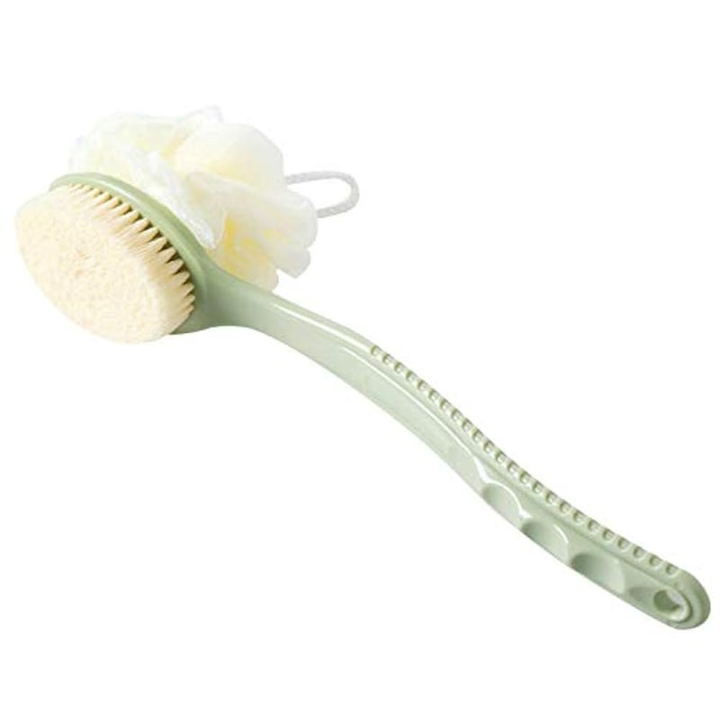 Vtrem 2 IN 1 Shower Brush with Soft Loofah and Bristles Bath Body Brush with Curved 36cm Long Handle Back Scrubber for Wet or Dry, Men & Women Body, Face and Spa Washing (Green) - Image 1