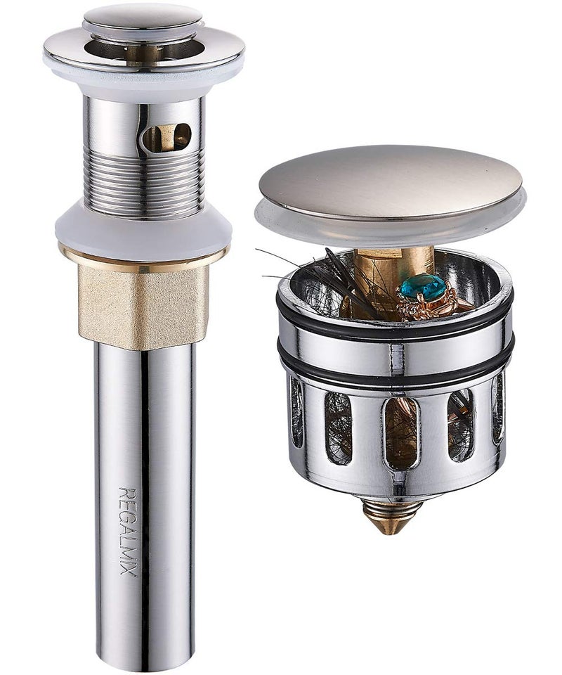 REGALMIX Vessel Sink Drain, Bathroom Faucet Vessel Sink Pop Up Drain Stopper, Built-In Anti-Clogging Strainer, Brushed Nickel with Overflow,Fits Standard American Drain Hole(1-1/2" to 1-3/4") R086J-BN - Image 1