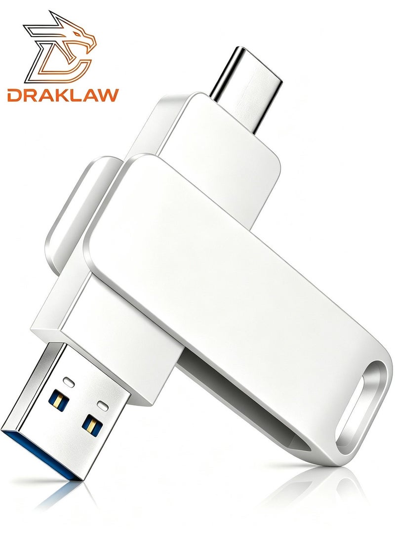 DRAKLAW 128GB USB Flash Drive, USB 3.0 2‑in‑1 OTG Dual‑Port USB‑A & USB‑C Thumb Drive with Keyhole, for Smartphones, Tablets, PC and Cars, Silver - Image 1