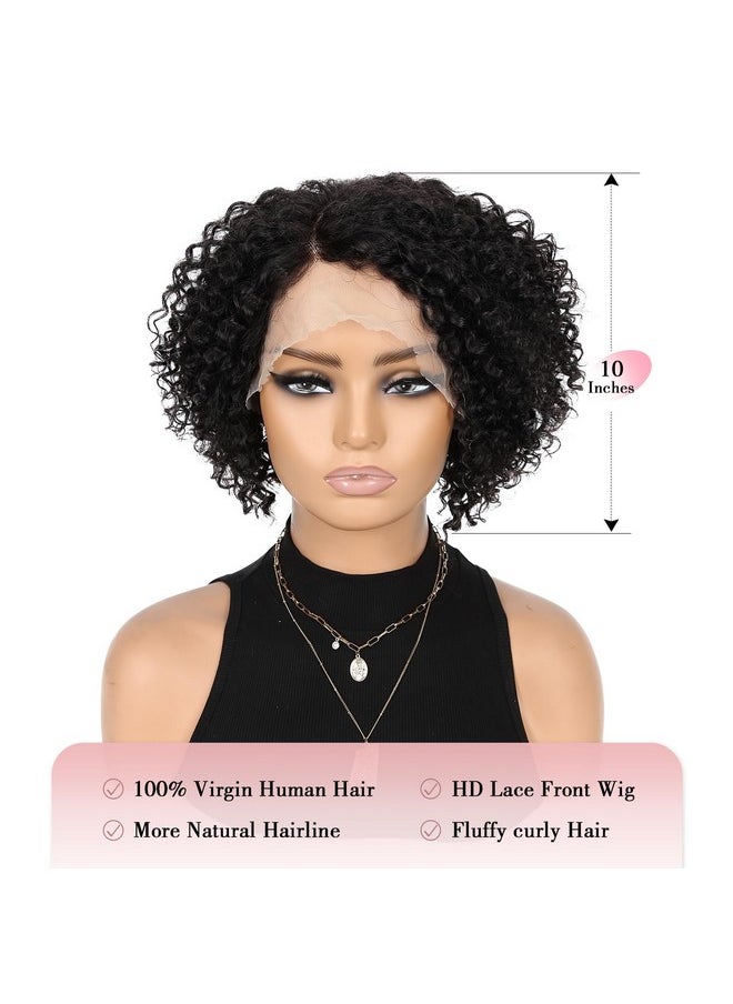 Fancy Hair Ancy Hair Short Lace Front Wigs Kinky Curly Human Hair Wig Glueless Side Part Brazilian Virgin Human Hair Curly Bob Wigs With Baby Hair For Black Women (Natural Color 10 Inch)  - Image 3
