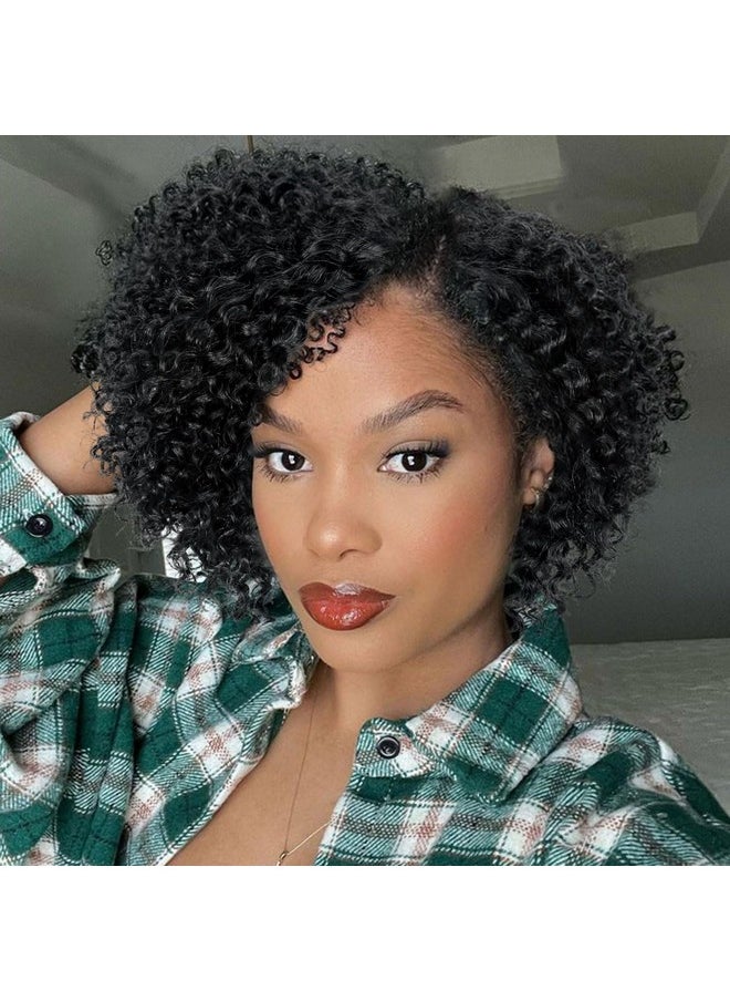 Fancy Hair Ancy Hair Short Lace Front Wigs Kinky Curly Human Hair Wig Glueless Side Part Brazilian Virgin Human Hair Curly Bob Wigs With Baby Hair For Black Women (Natural Color 10 Inch)  - Image 1