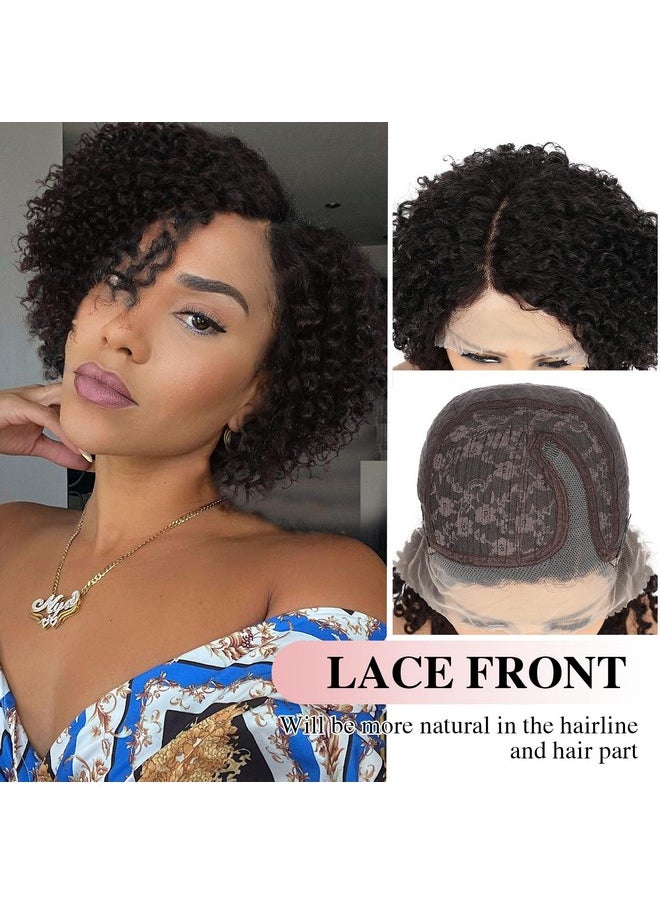 Fancy Hair Ancy Hair Short Lace Front Wigs Kinky Curly Human Hair Wig Glueless Side Part Brazilian Virgin Human Hair Curly Bob Wigs With Baby Hair For Black Women (Natural Color 10 Inch)  - Image 4