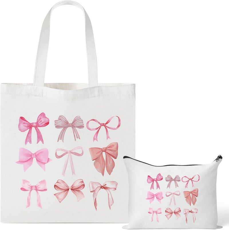 Y1tvei Y1tvei Pink Bows Canvas Bag - 2Pcs Coquette Pink Bow Preppy Makeup Bag Set, Cute Aesthetic Pink Bow Canvas Tote Bag, Reusable Grocery Folding Shopping Bag, Coquette Stuff Zipper Pouch Gifts for Women