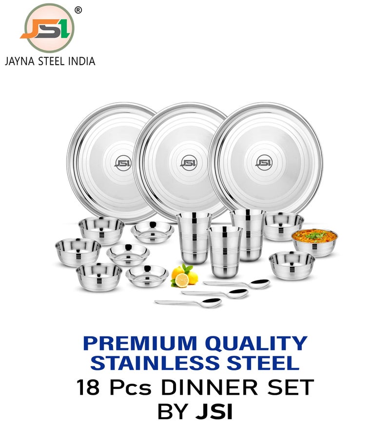 JSI High Grade Quality Stainless Steel Dinner Set for Kitchen - 18 Pieces, Silver - 100% Food Safe Heavy Guage Quality Steel Dinner Set for Home - Attractive Design - Highly Durable & Sturdy - Image 2