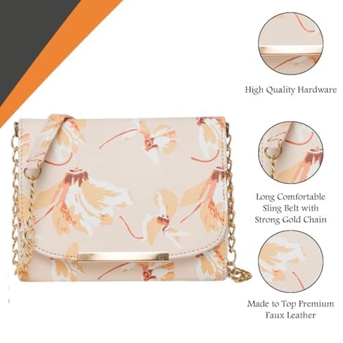 ADISA Women Girls Crossbody Sling Bag with Gold Chain Strap - Floral Print Crossbody Bag for Women - Cream Colour Shoulder Bag - Image 3