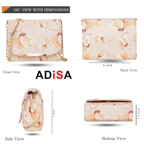 ADISA Women Girls Crossbody Sling Bag with Gold Chain Strap - Floral Print Crossbody Bag for Women - Cream Colour Shoulder Bag - Image 2