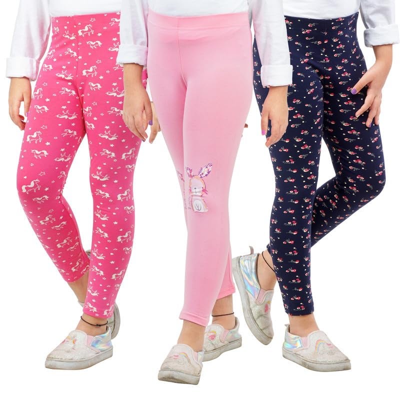 ARIEL Girls Cotton Printed Non-Transparent Regular Fit Ankle Length Mid Rise Leggings(AR-G-Leg-P3-56-(Pinkstr,Blue,Pinkuni)_Multicolor_56 Years) - Image 1