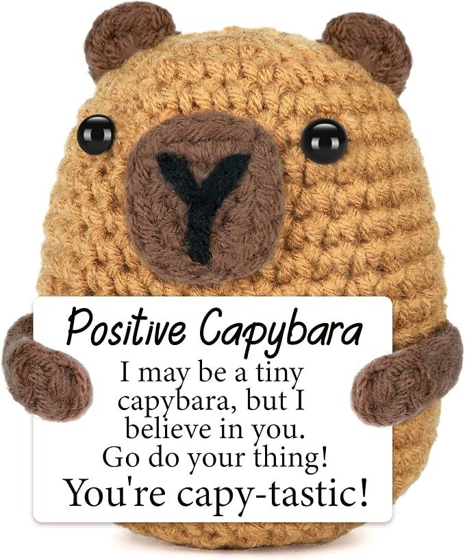 Happy Threads Positive Capybara Plush with Inspirational Message Card, Handmade Crochet Emotional Support Keepsake, Cute Desk & Shelf Décor, Cheer-Up Gift for Friends, Students & Coworkers - Image 1