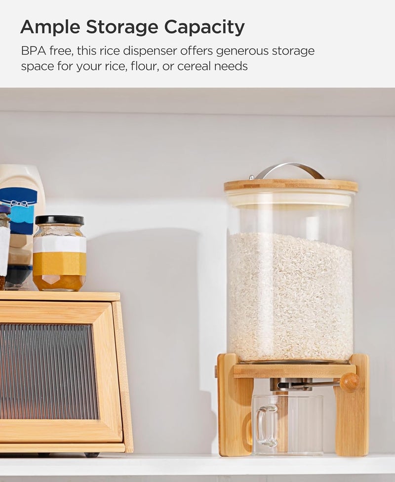 Famyards 5-7 lbs Glass Rice Dispenser with Wooden Stand Flour and Cereal Container with Glass Measuring Cup & Labels & Slider mat Pantry Food Organization Storage Bin with Airtight Bamboo Lid, 3L - Image 5