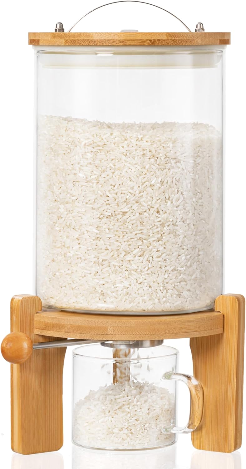Famyards 5-7 lbs Glass Rice Dispenser with Wooden Stand Flour and Cereal Container with Glass Measuring Cup & Labels & Slider mat Pantry Food Organization Storage Bin with Airtight Bamboo Lid, 3L - Image 1