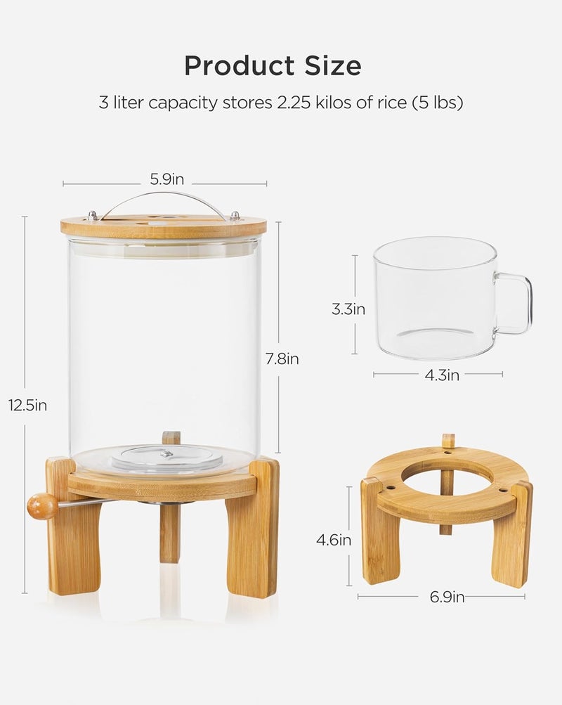 Famyards 5-7 lbs Glass Rice Dispenser with Wooden Stand Flour and Cereal Container with Glass Measuring Cup & Labels & Slider mat Pantry Food Organization Storage Bin with Airtight Bamboo Lid, 3L - Image 2